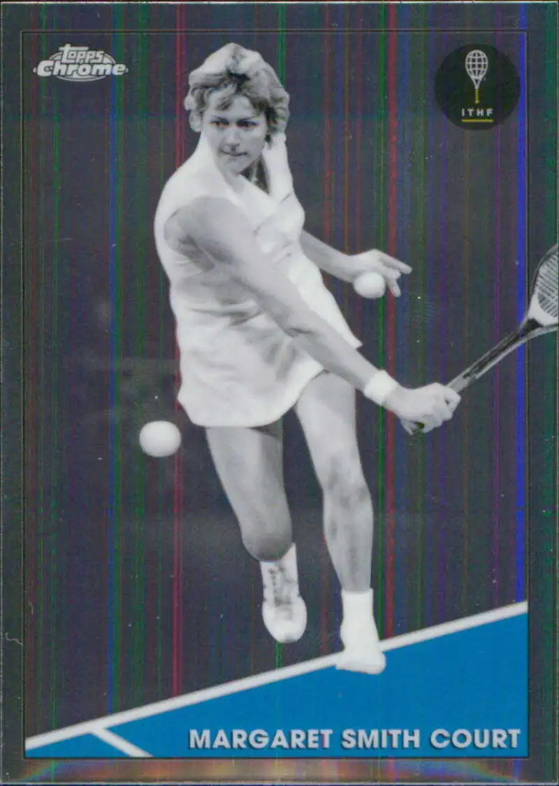 Tennis player in white hitting a backhand on Margaret Smith Court Topps Chrome card