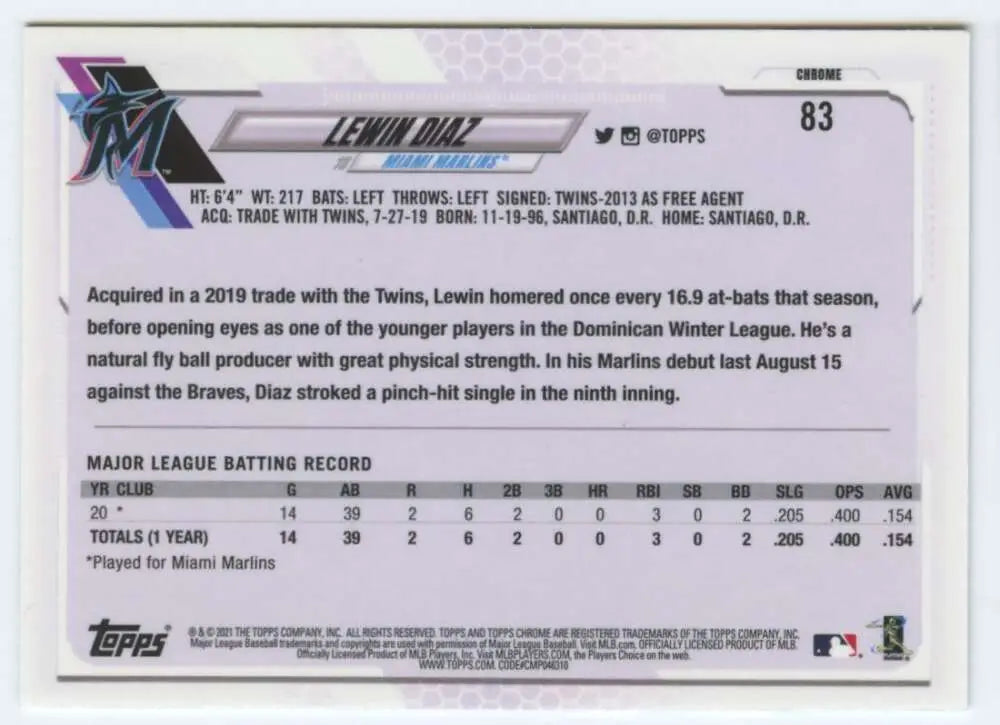 Back side of 2021 Topps Chrome Lewin Diaz Miami Marlins rookie card with stats and info