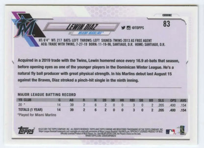Back side of 2021 Topps Chrome Lewin Diaz Miami Marlins rookie card with stats and info