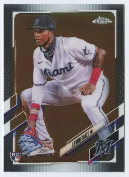 Baseball card of Lewin Diaz in a Miami Marlins uniform from 2021 Topps Chrome