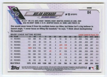 Nolan Arenado 2021 Topps Chrome Baseball Card with Colorado Rockies statistics and records
