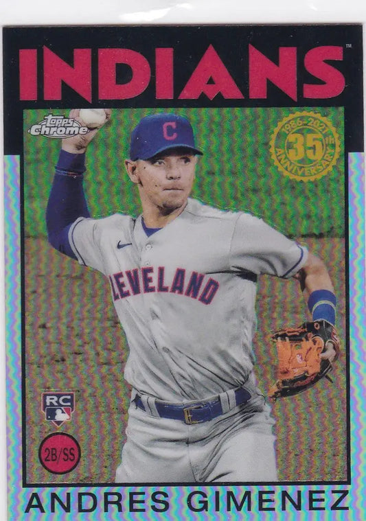 Baseball card of Andres Gimenez in gray away uniform, Topps Chrome throwback RC Cleveland