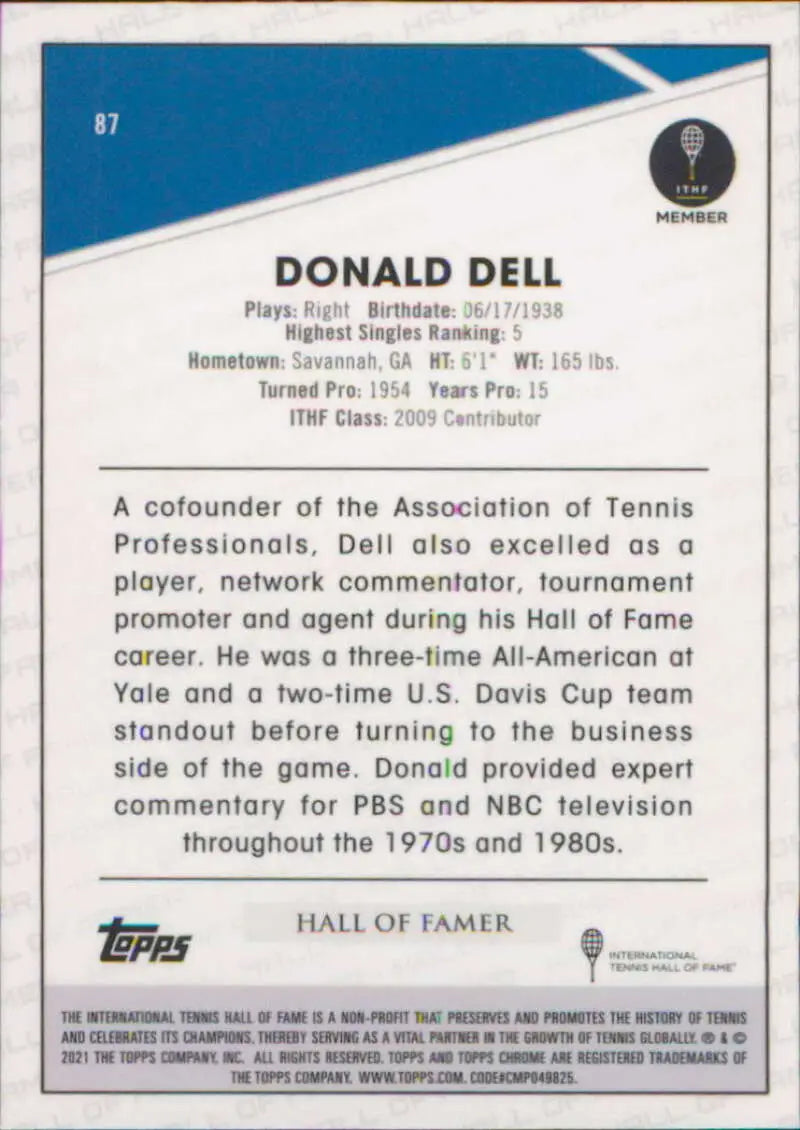 Trading card featuring Donald Dell’s biography from 2021 Topps Chrome set