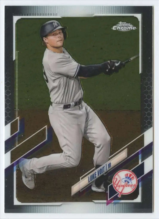 Luke Voit swinging a bat in New York Yankees gray uniform on Topps Chrome baseball card