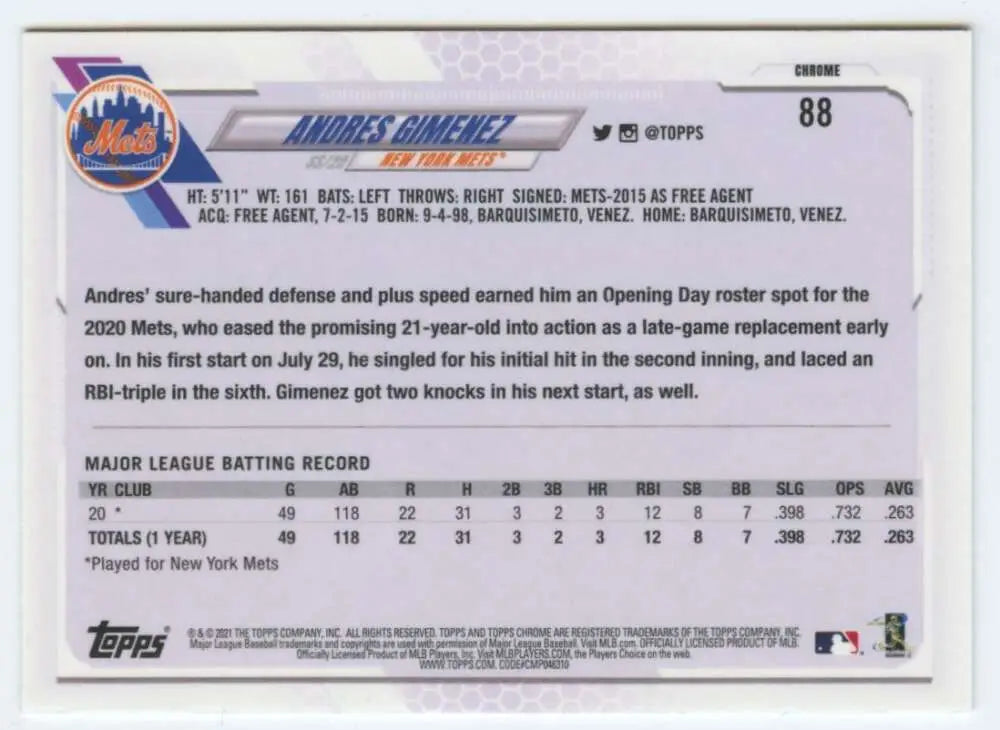 Back of 2021 Topps Chrome #88 Andres Gimenez Rookie Card showcasing New York Mets stats