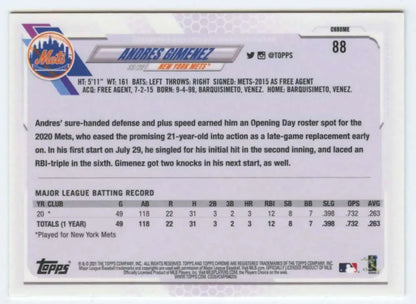 Back of 2021 Topps Chrome #88 Andres Gimenez Rookie Card showcasing New York Mets stats