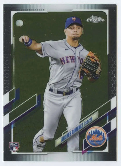 Andres Gimenez making a throw in gray road uniform on Topps Chrome New York Mets card
