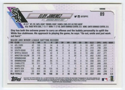 Eloy Jimenez 2021 Topps Chrome baseball card featuring White Sox player stats