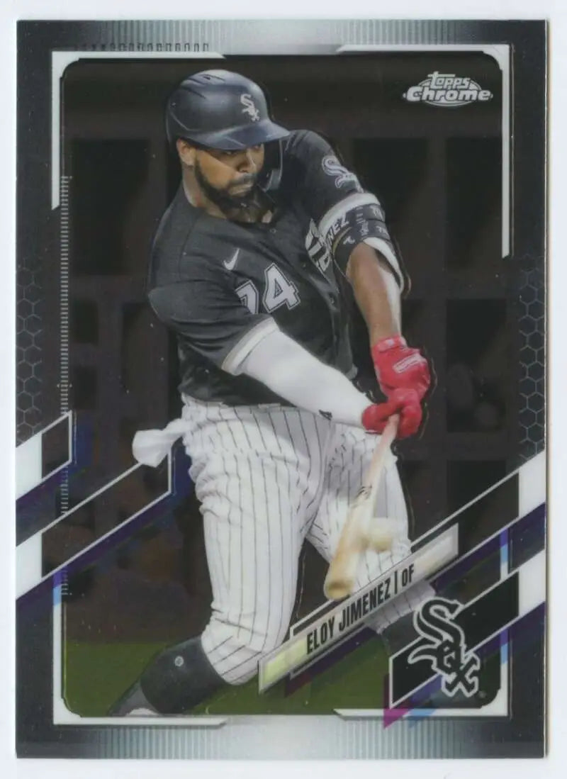 Chrome-finish Topps Chrome Eloy Jimenez baseball card featuring White Sox player in swing