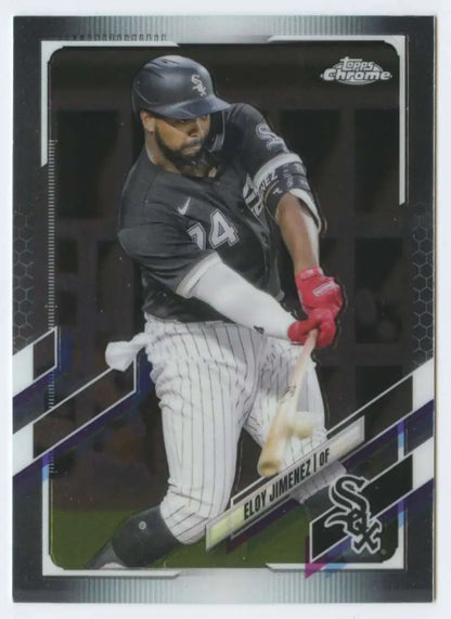 Chrome-finish Topps Chrome Eloy Jimenez baseball card featuring White Sox player in swing