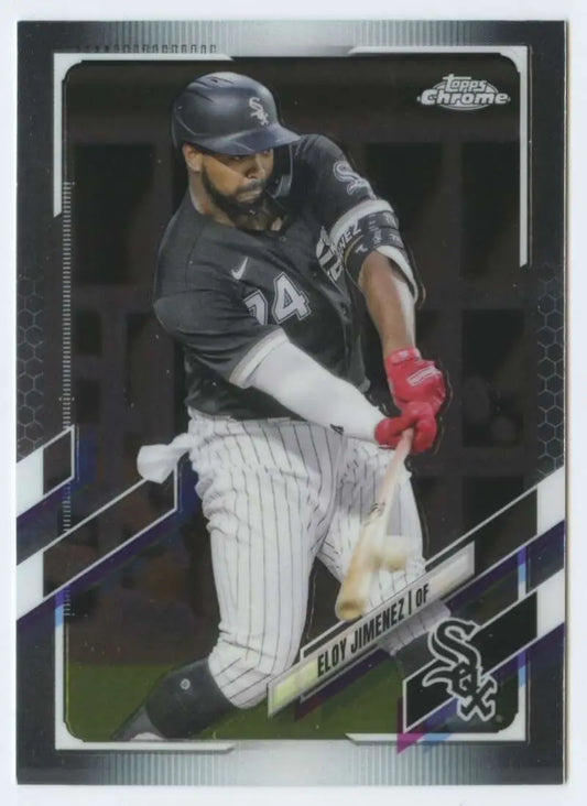 Chrome-finish Topps Chrome Eloy Jimenez baseball card featuring White Sox player in swing