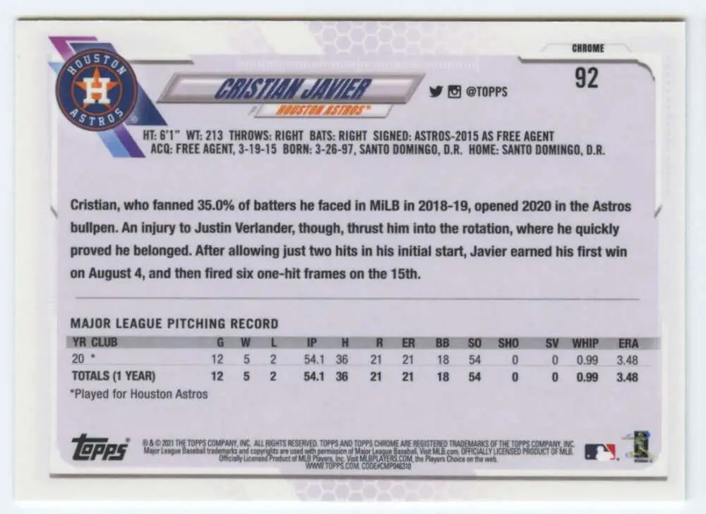 Cristian Javier 2021 Topps Chrome #92 NM-MT RC Baseball Card Houston Astros