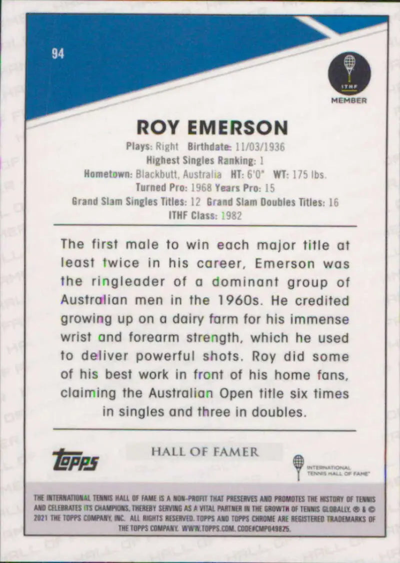 Back side of 2021 Topps Chrome Roy Emerson Tennis Card with stats and biography details