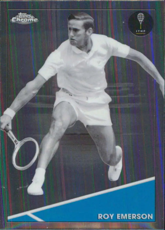 Tennis player lunging with racket featured on Topps Chrome Roy Emerson Tennis Card