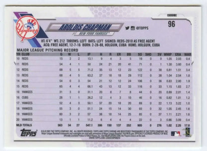 Baseball card featuring Aroldis Chapman pitching stats from Topps Chrome New York Yankees