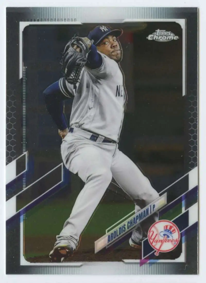 Aroldis Chapman pitching in a New York Yankees uniform on a Topps Chrome baseball card