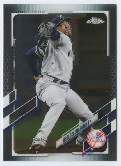 Aroldis Chapman pitching in a New York Yankees uniform on a Topps Chrome baseball card