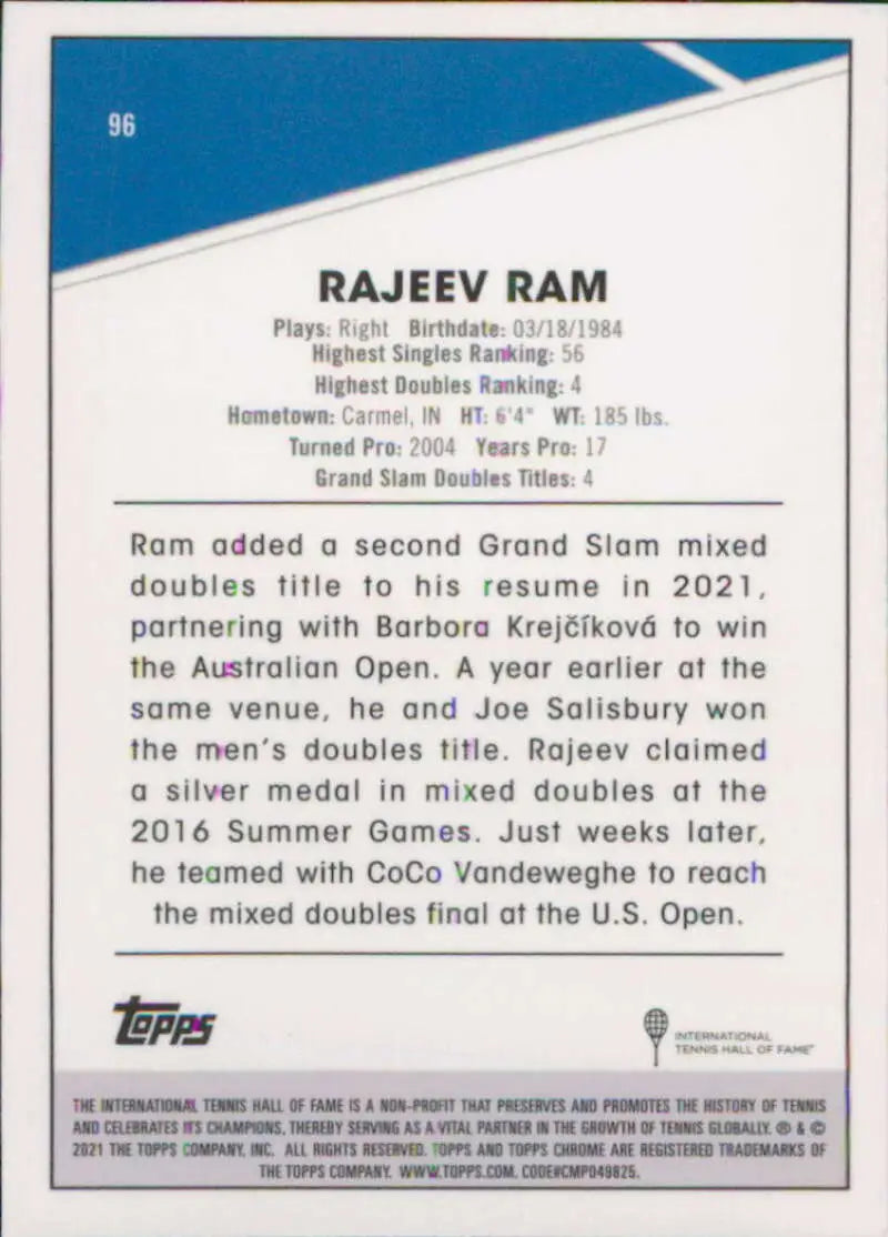 Rajeev Ram Tennis Card with Biographical Info in 2021 Topps Chrome #96 Design