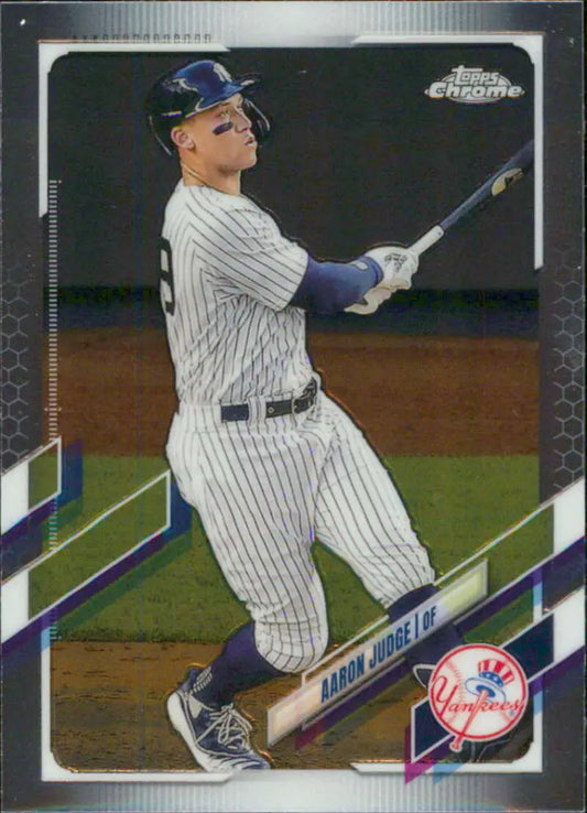 Aaron Judge swinging bat in York Yankees pinstripes on 2021 baseball card