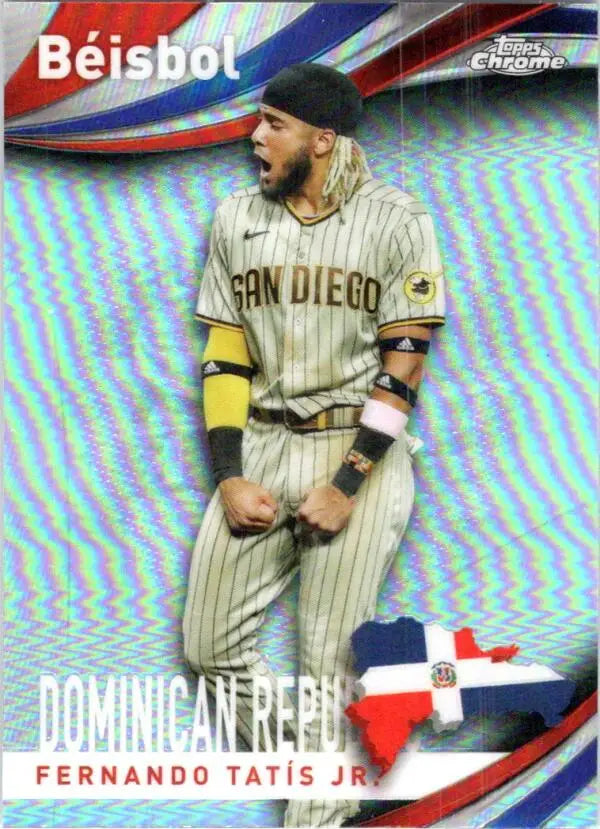 Baseball card of Fernando Tatis Jr. in San Diego Padres pinstripe uniform design
