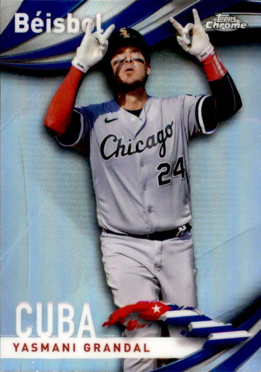 Chicago White Sox Yasmani Grandal baseball card in gray uniform pointing upward