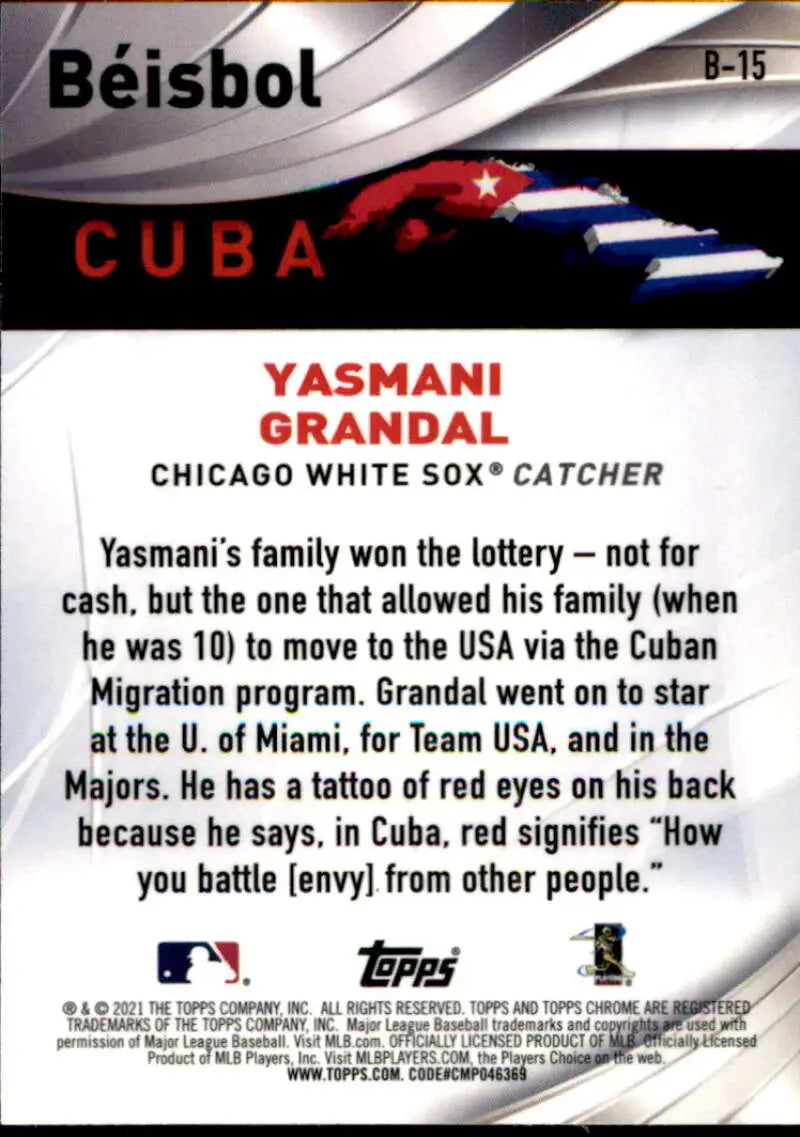 Baseball card of Yasmani Grandal from Chicago White Sox with biographical text