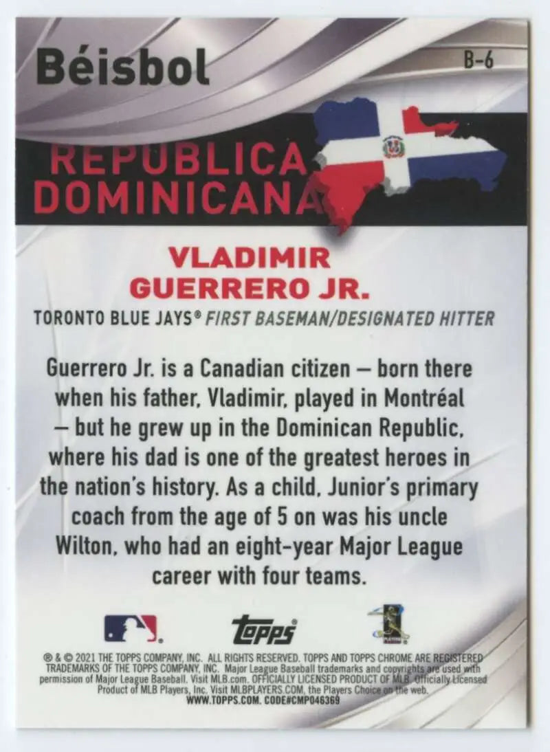 Baseball trading card of Vladimir Guerrero Jr. with Dominican Republic flag outline
