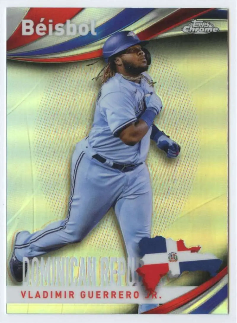 Vladimir Guerrero swinging bat in light gray uniform on Topps Chrome Beisbol Refractor