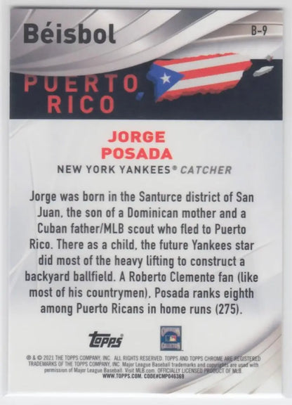 Baseball card featuring Puerto Rican flag, Jorge Posada, and New York Yankees details