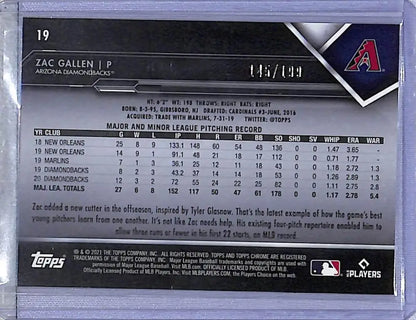 Zac Gallen baseball card from 2021 Topps Chrome Black Arizona Diamondbacks collection