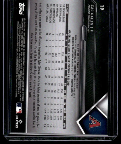 Back of 2021 Topps Chrome Black Zac Gallen Baseball Card with Arizona Diamondbacks stats