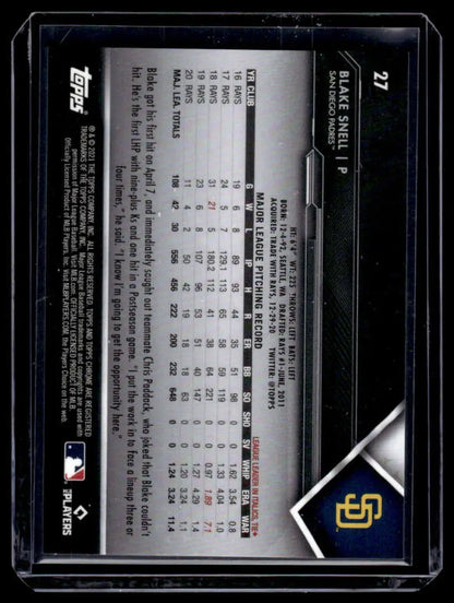 Baseball trading card of Blake Snell with stats on a dark background, San Diego Padres