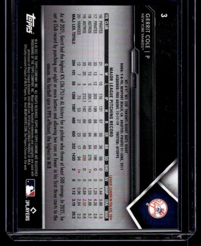 Gerrit Cole New York Yankees baseball card with MLB branding and player statistics