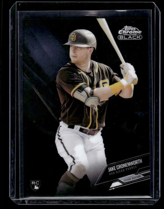 Baseball card of Jake Cronenworth in batting stance from Topps Chrome Black set