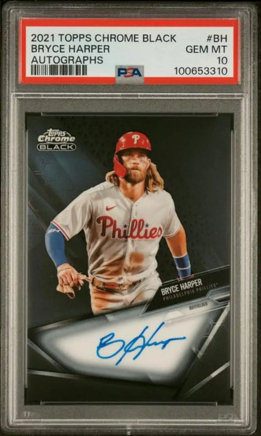 Bryce Harper autographed baseball card from 2021 Topps Chrome Black series