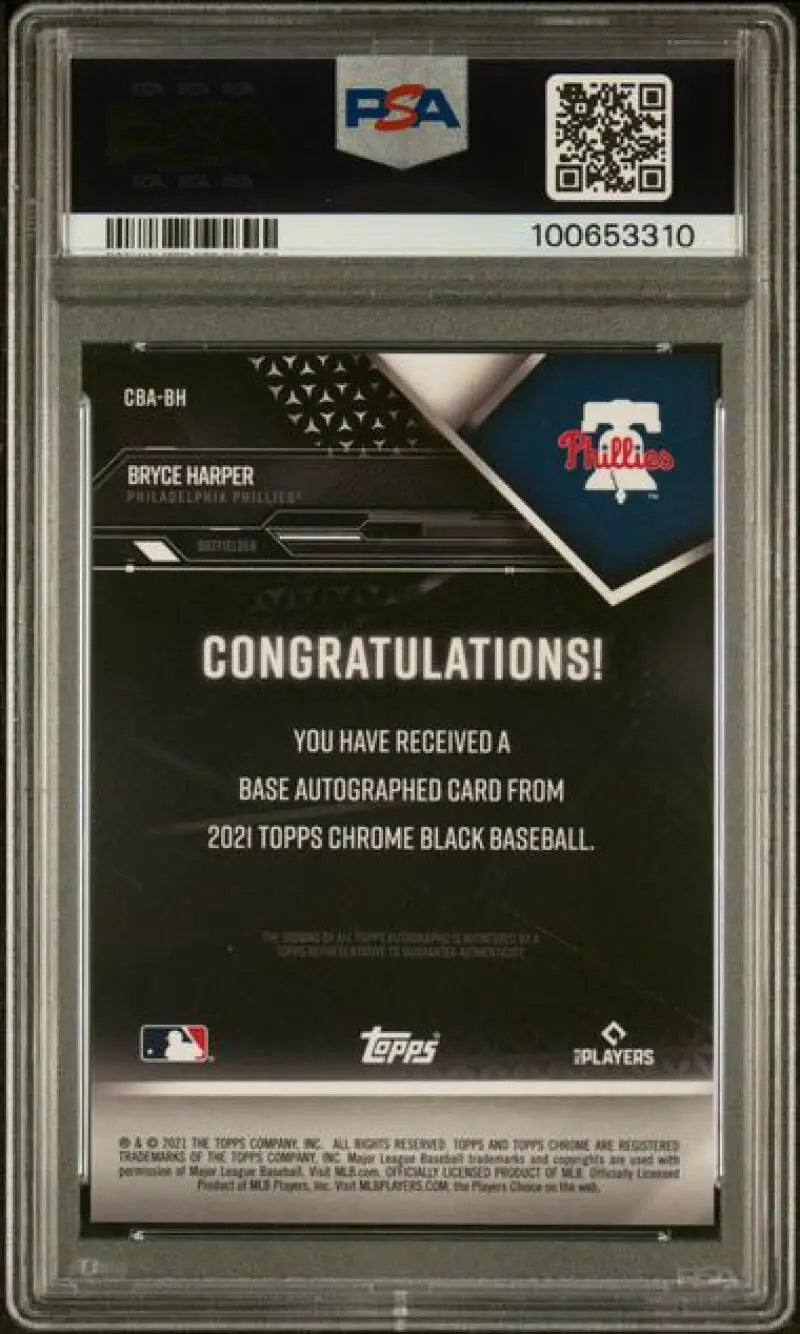 Autographed Bryce Harper baseball card from Topps Chrome Black showcasing PSA 10 Gem Mint status
