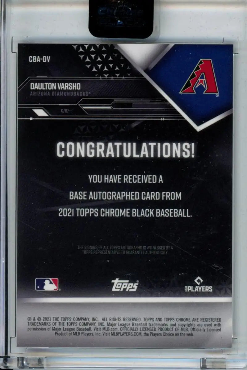 Daulton Varsho Autographed Card Insert from 2021 Topps Chrome Black Baseball Collection
