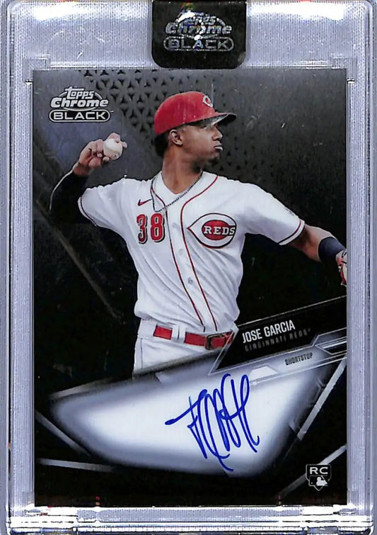 Autographed Jose Garcia Cincinnati Reds baseball card from 2021 Topps Chrome Black
