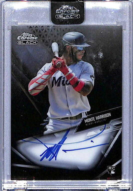 Autographed Monte Harrison Miami Marlins baseball card from 2021 Topps Chrome Black