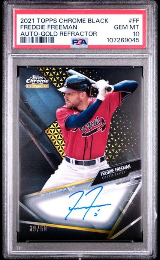Gradable Freddie Freeman baseball card with refractor gold finish from 2021 Topps Chrome Black
