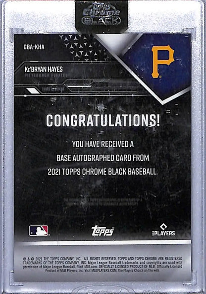 Ke’Bryan Hayes autographed baseball card from 2021 Topps Chrome Black Autographs Refractor Gold