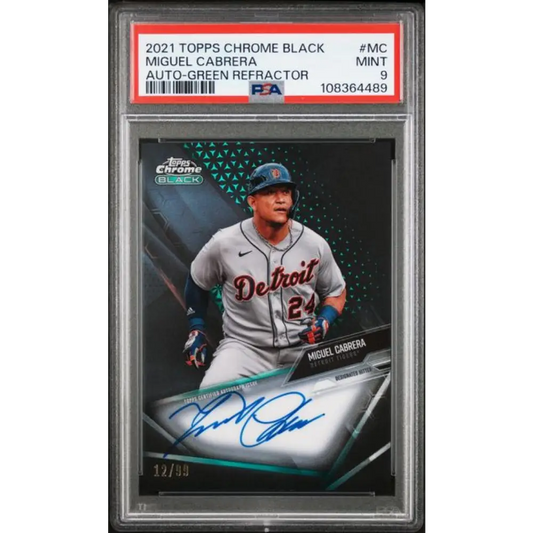 2021 Topps Chrome Black Autographs Refractor Green #CBA-MC Miguel Cabrera PSA 9 MINT Auto 12/99 Detroit Tigers Baseball Card