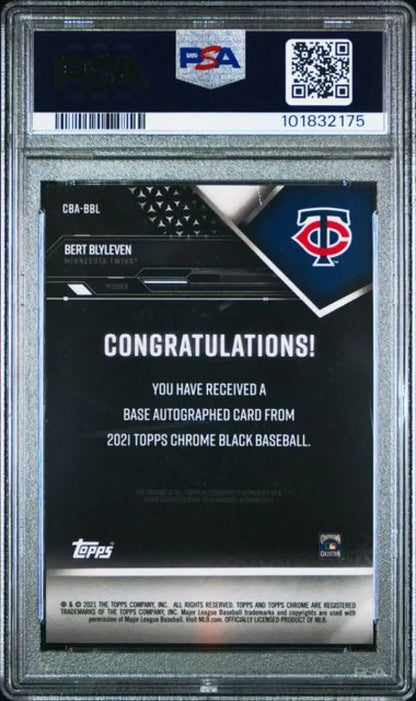 Graded Bert Blyleven autographed baseball card from 2021 Topps Chrome Black, Minnesota Twins