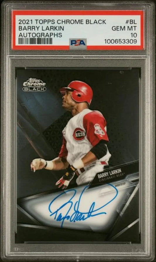 PSA 10 GEM MINT Barry Larkin autographed Topps Chrome Black baseball card in batting pose