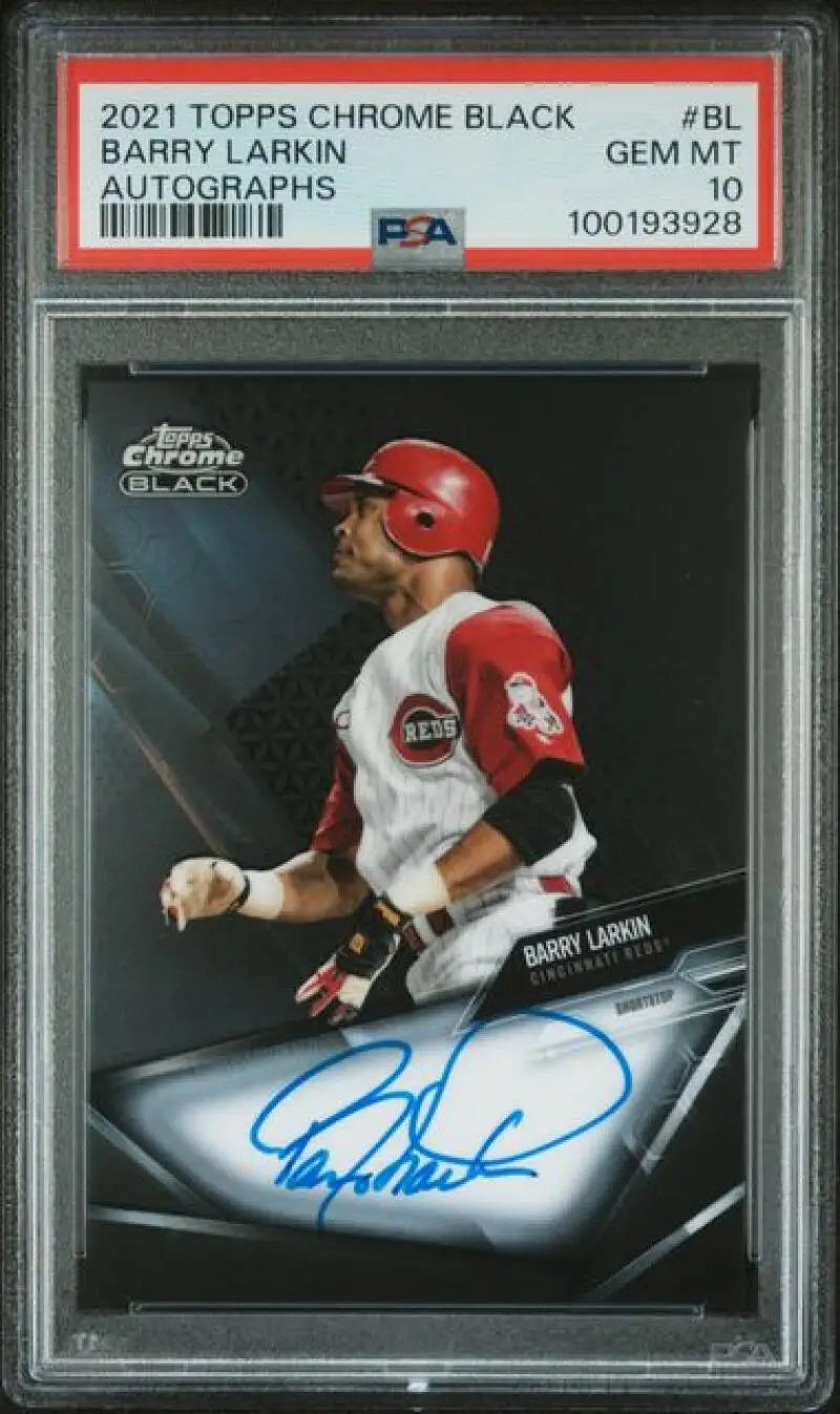 Barry Larkin autographed baseball card 2021 Topps Chrome Black Cincinnati Reds GEM MINT