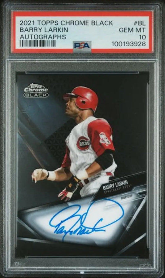 Barry Larkin autographed baseball card 2021 Topps Chrome Black Cincinnati Reds GEM MINT
