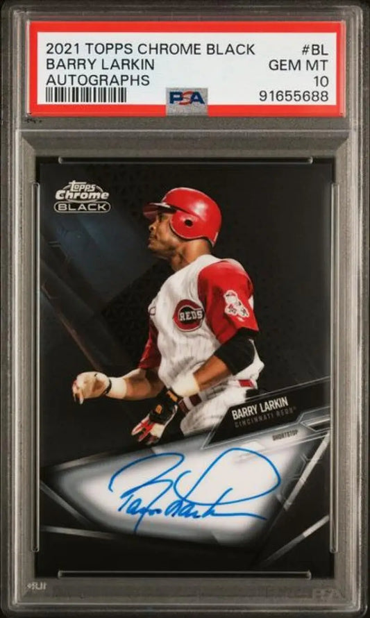 Graded Barry Larkin autographed Topps Chrome Black PSA 10 GEM MINT Baseball Card