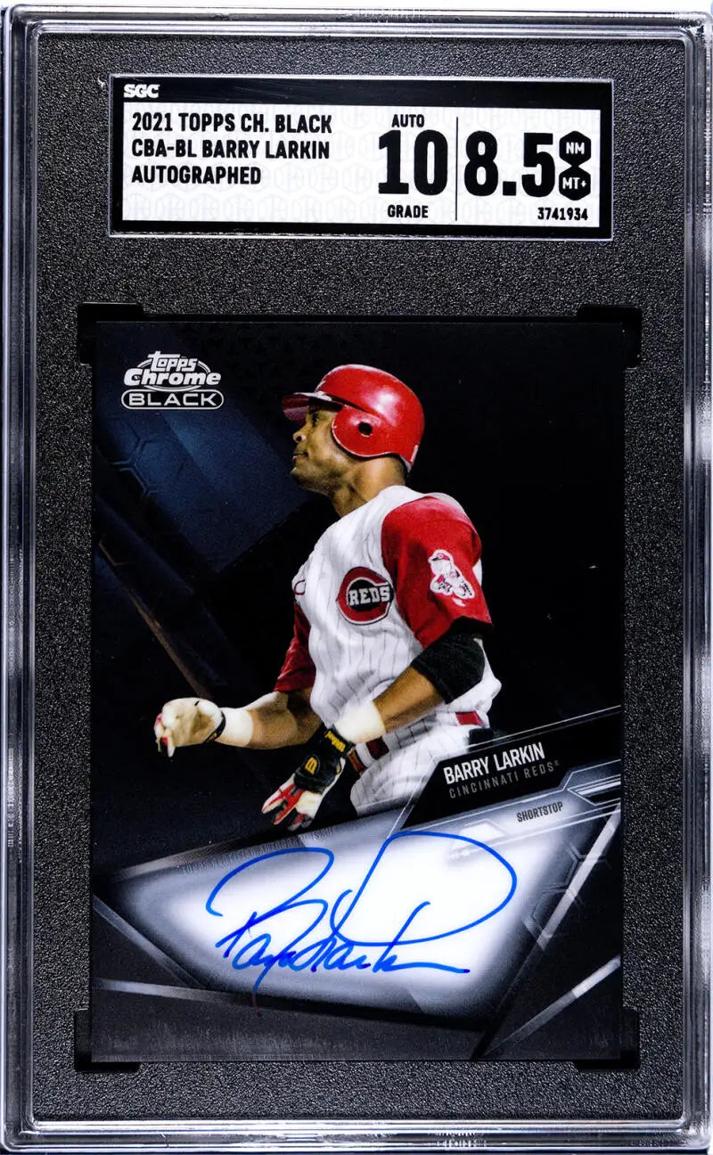 Graded Barry Larkin autographed baseball card from 2021 Topps Chrome Black featuring Cincinnati Reds