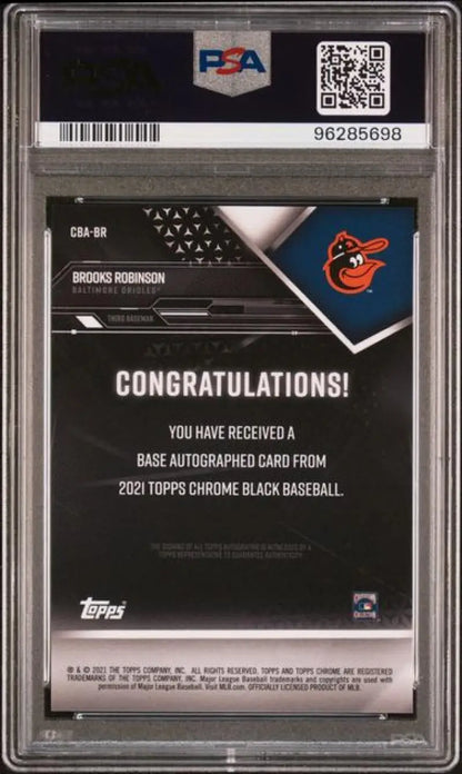 PSA-graded 2021 Topps Chrome Black Brooks Robinson card with Baltimore Orioles logo