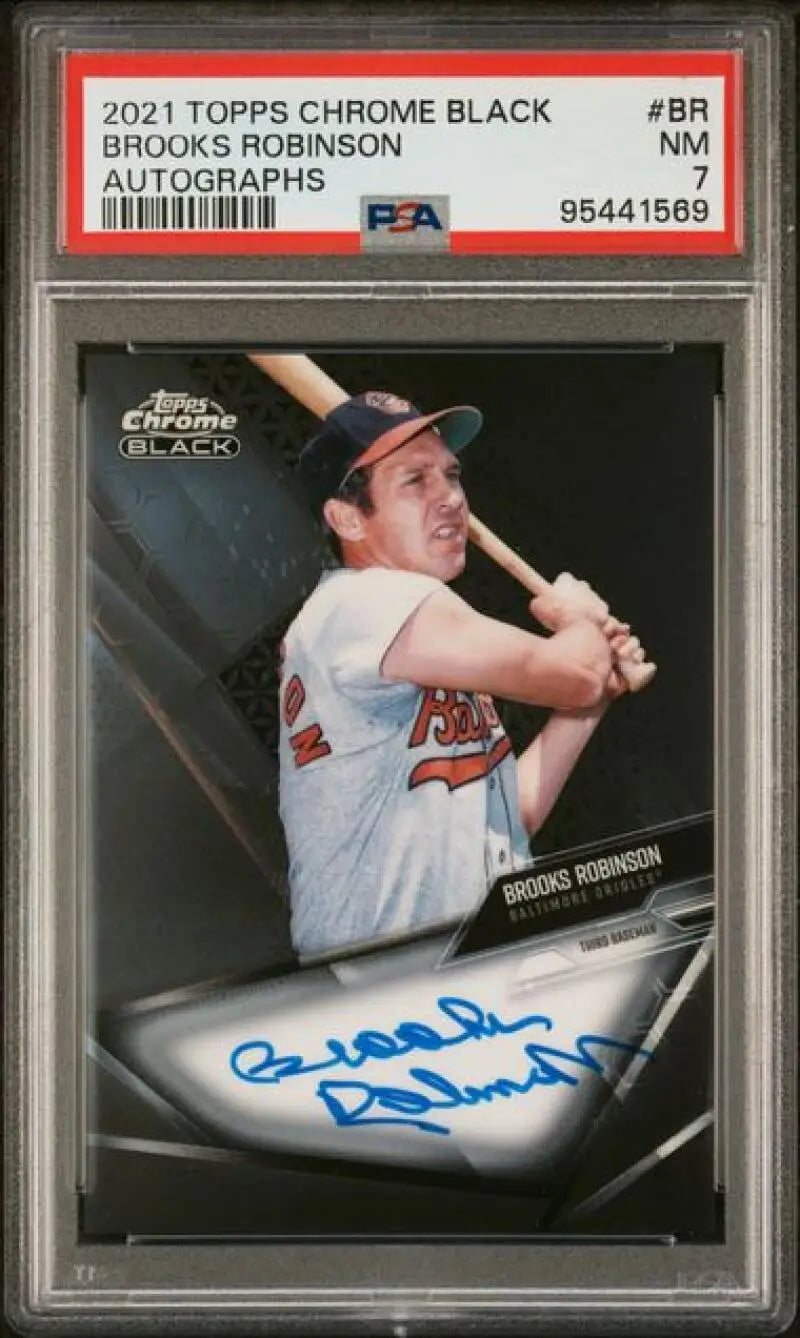 PSA-graded 2021 Topps Chrome Black Brooks Robinson batting card for Baltimore Orioles
